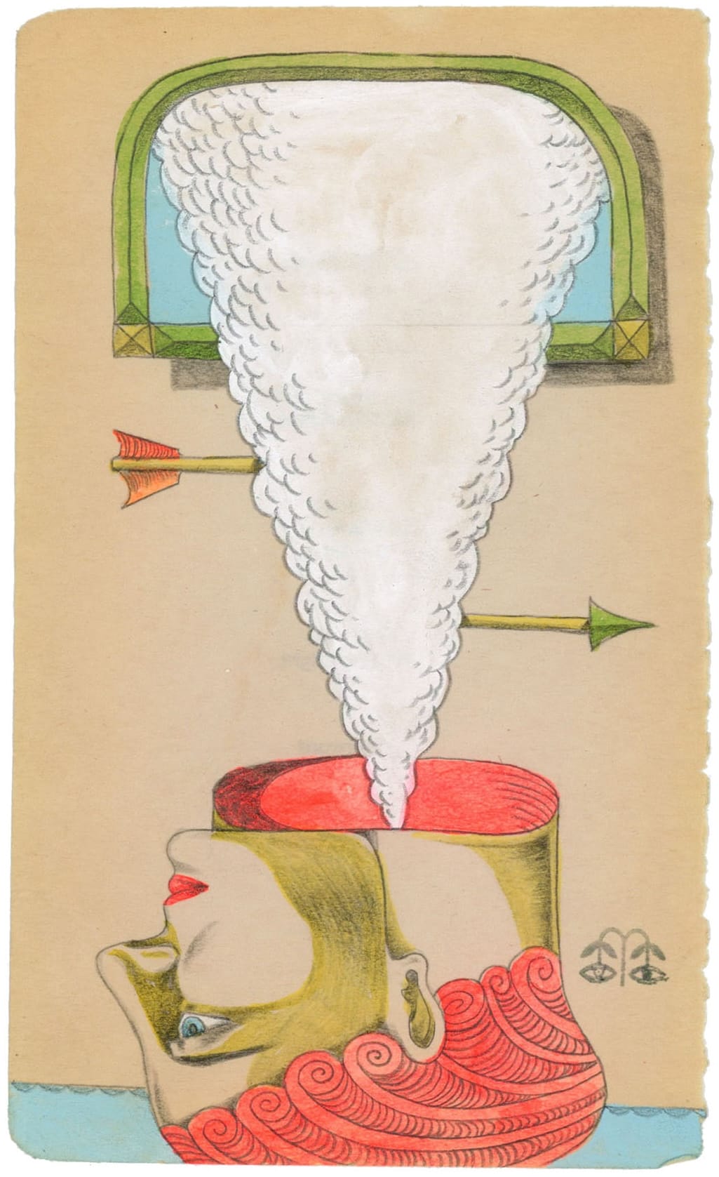 a vintage book page with an illustration of an upside-down head with steam coming from its neck and an arrow shot through the steam column