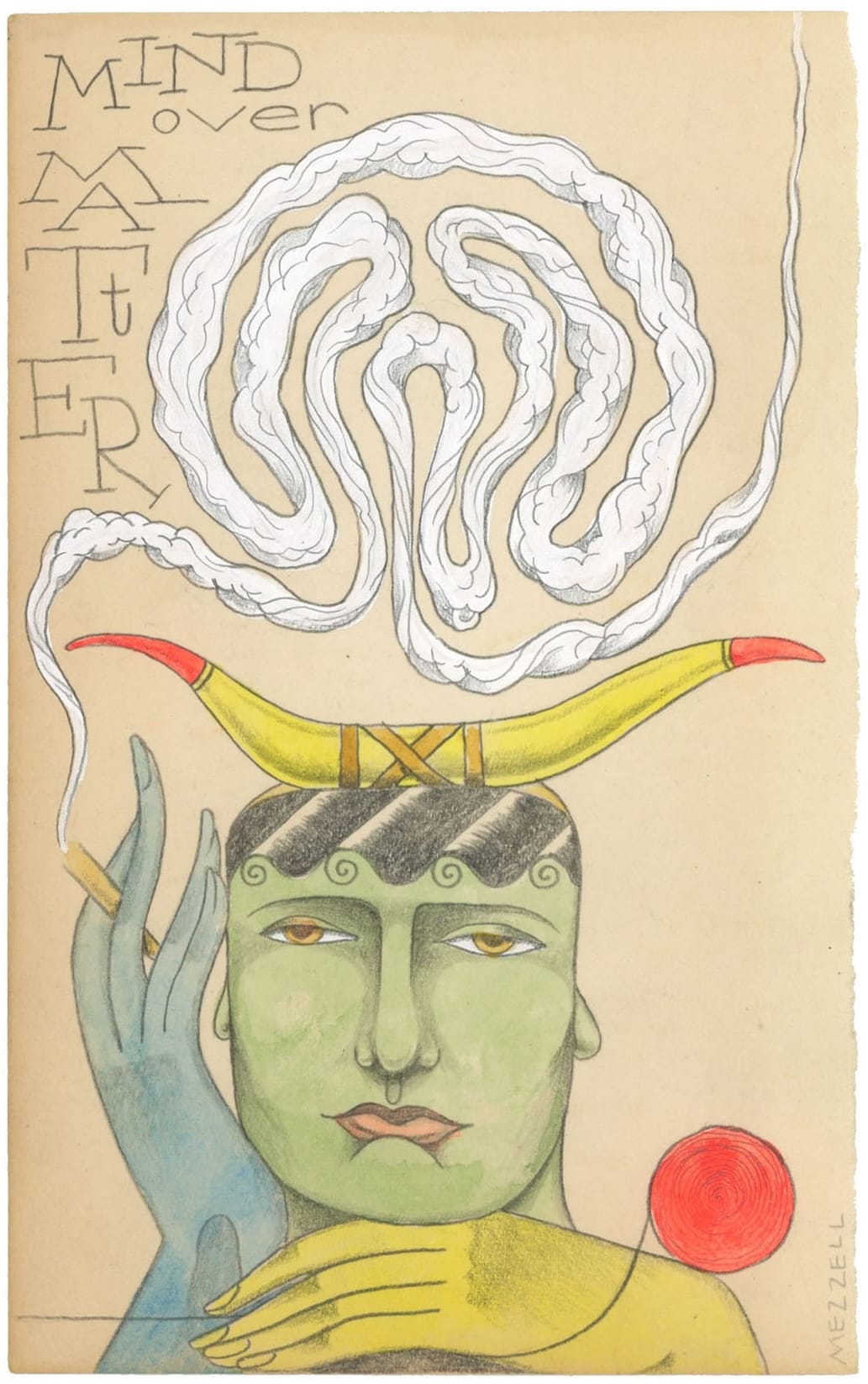 a vintage book page with an illustration of a horned, green-skinned figure with a maze-like swirl of white smoke over their head