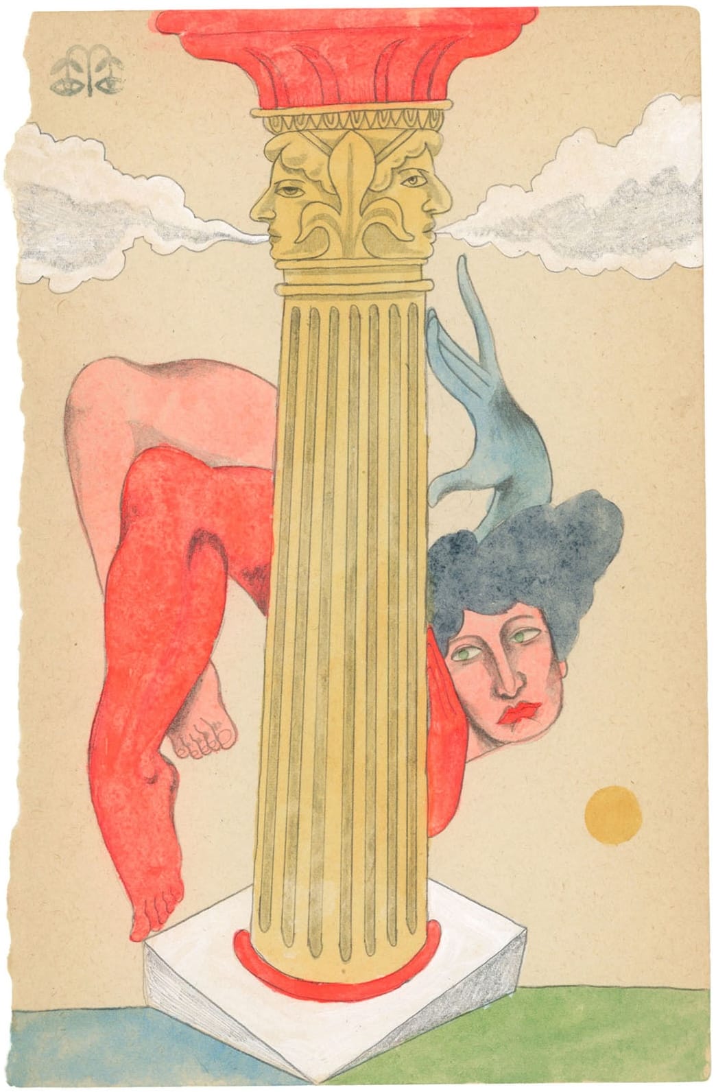 a vintage book page with a cartoonish harlequin-like figure wrapped around a classical column