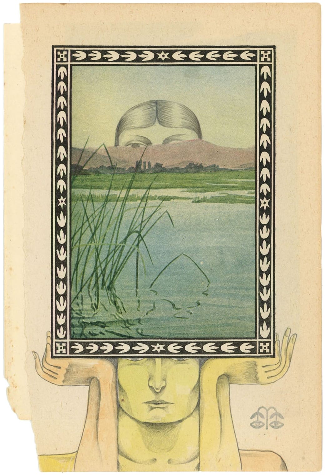 a vintage book page of a landscape with a head rising over the horizon like a sun, held up in a frame by another figure