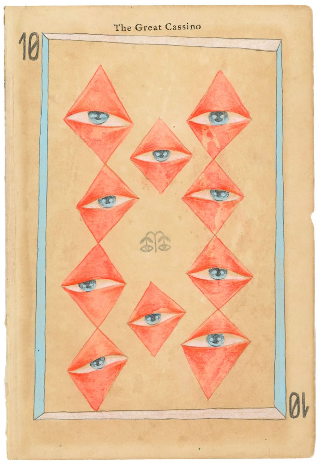 a vintage book page with a pattern of red diamonds, each containing an eye
