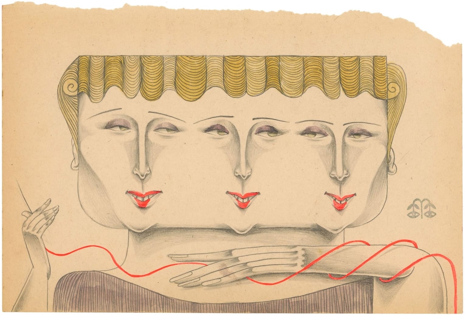 a vintage book page with a three-faced figure