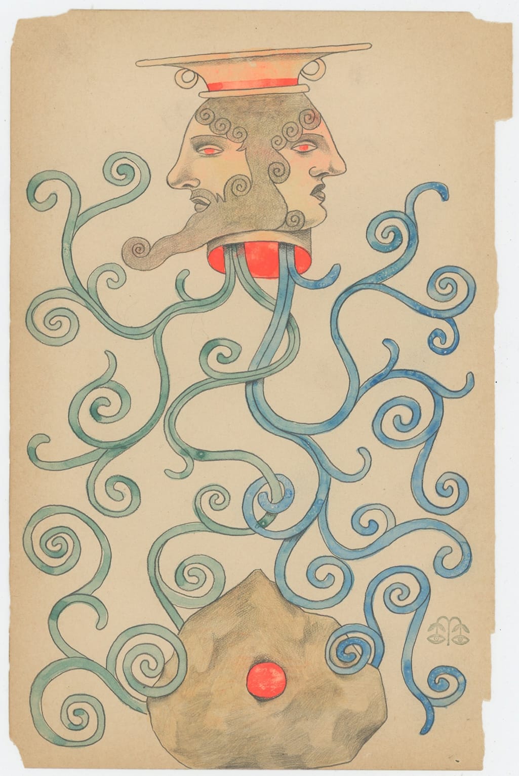 a vintage book page with an abstract illustration of two faces and blue vines