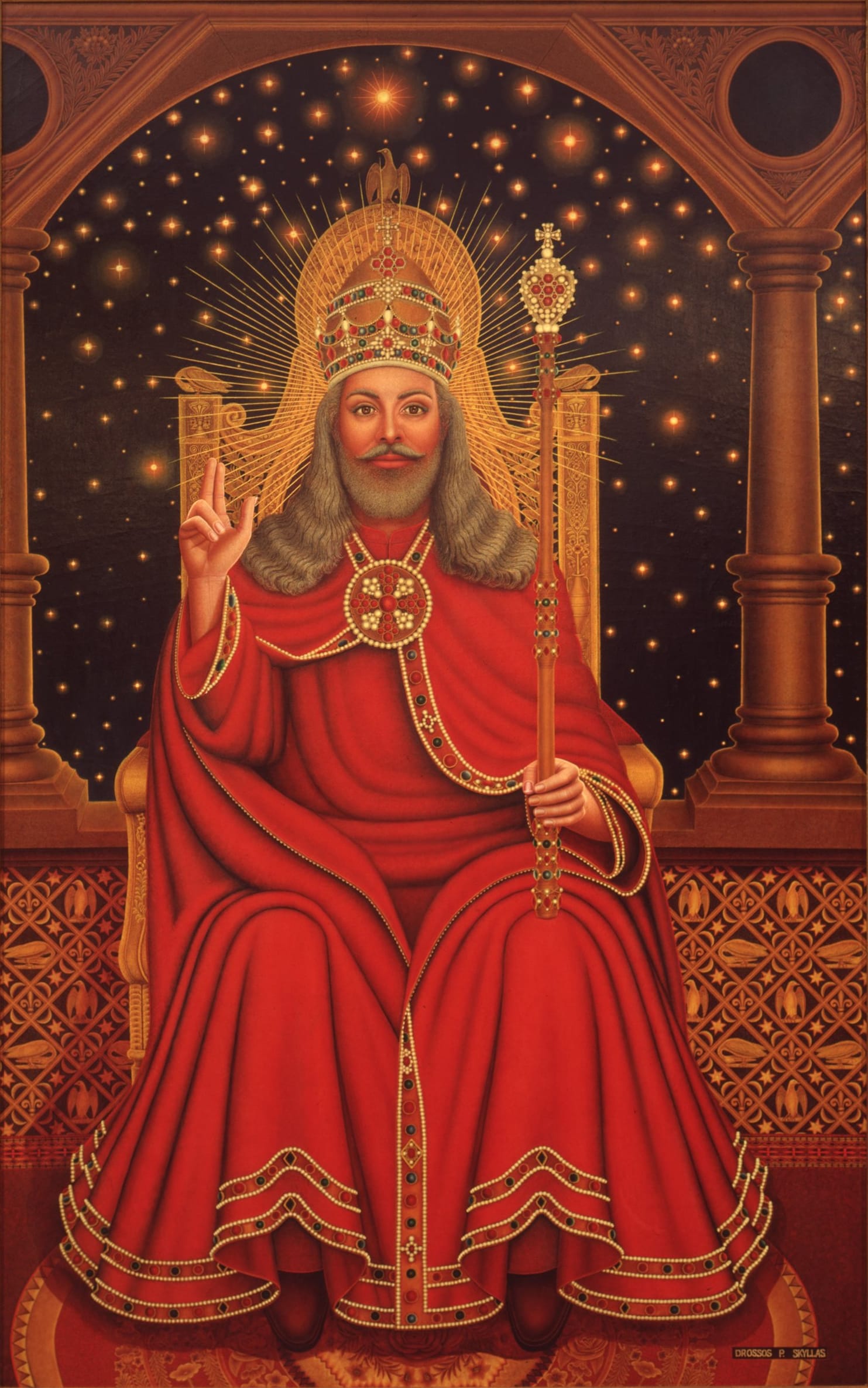 a portrait of a stately ruler in a red robe and gold crown