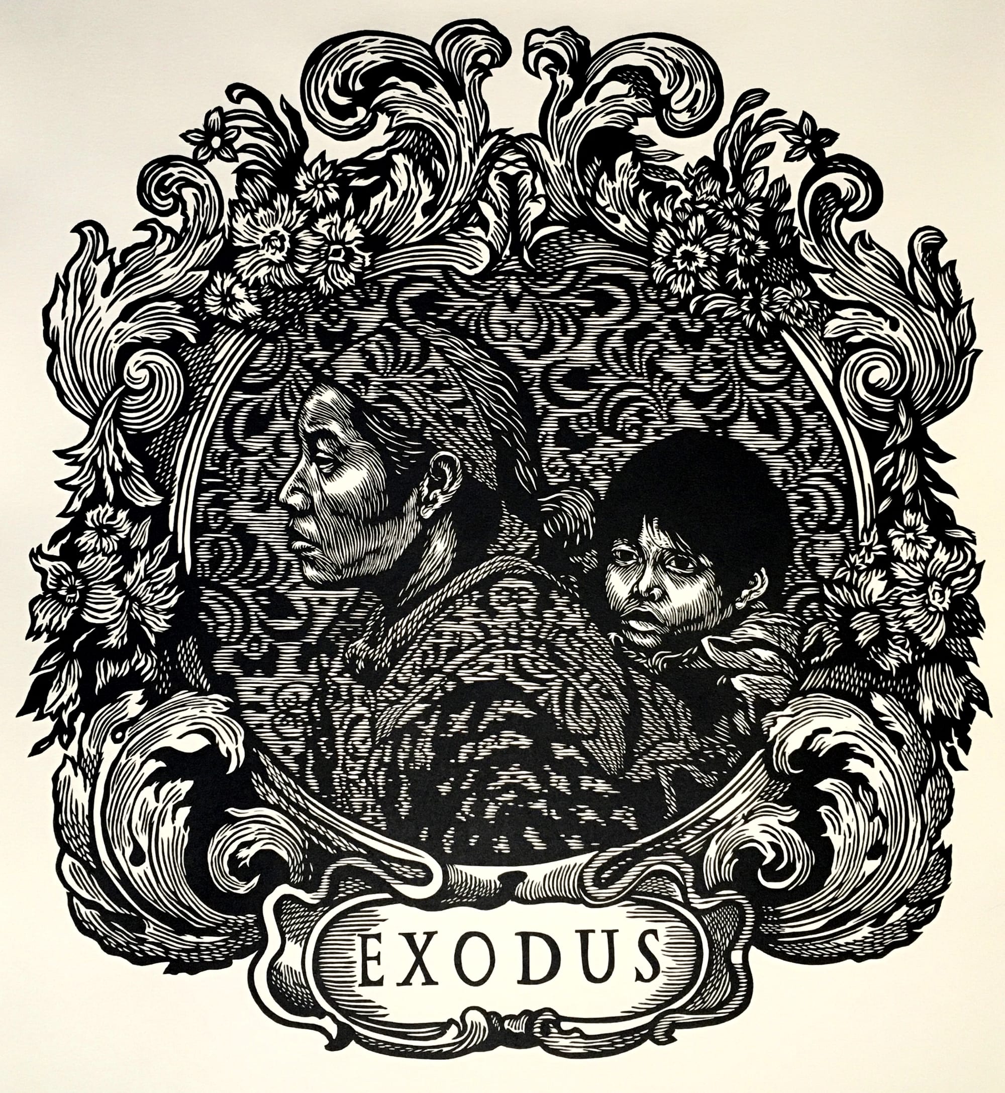 a black print with a mother and child strapped to her back and the word "exodus" below