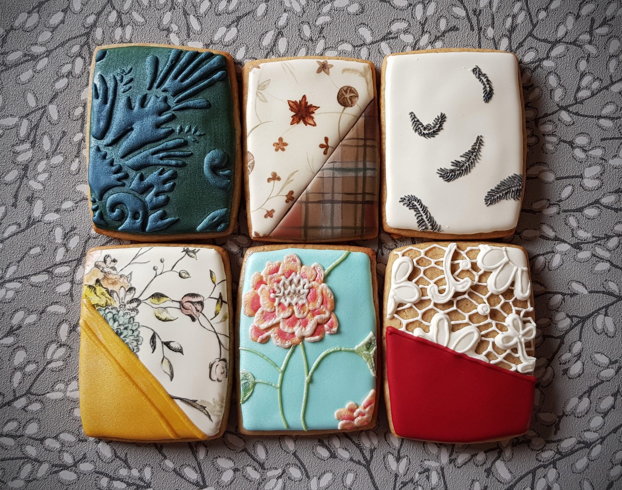 rectangular cookies with colorful floral patterns