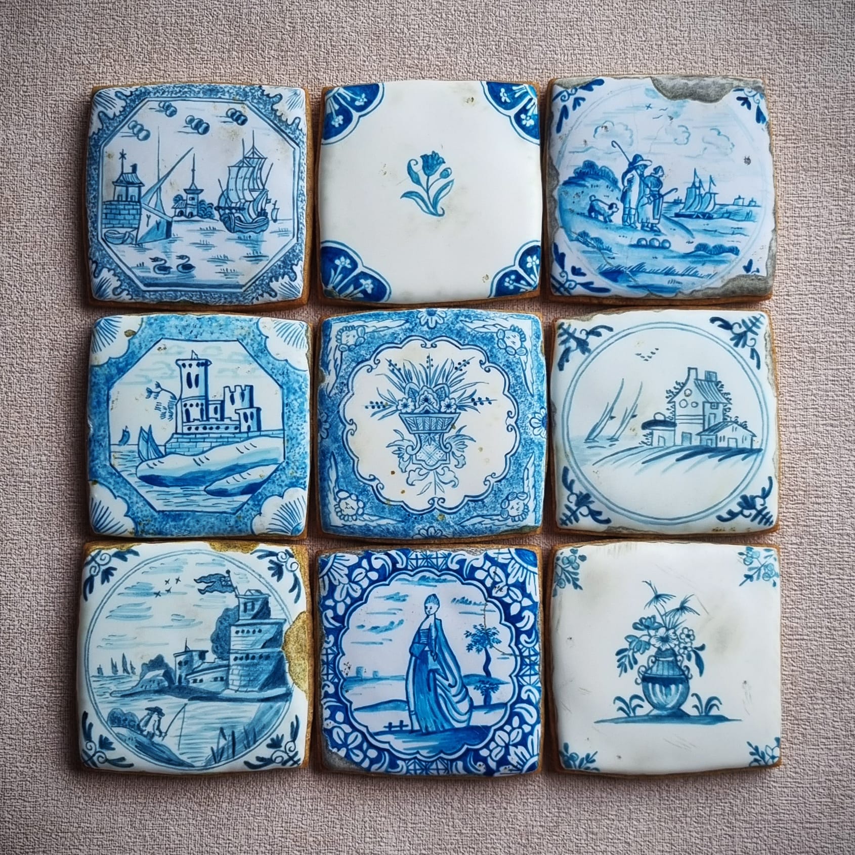 square cookies painted like blue and white delft pottery
