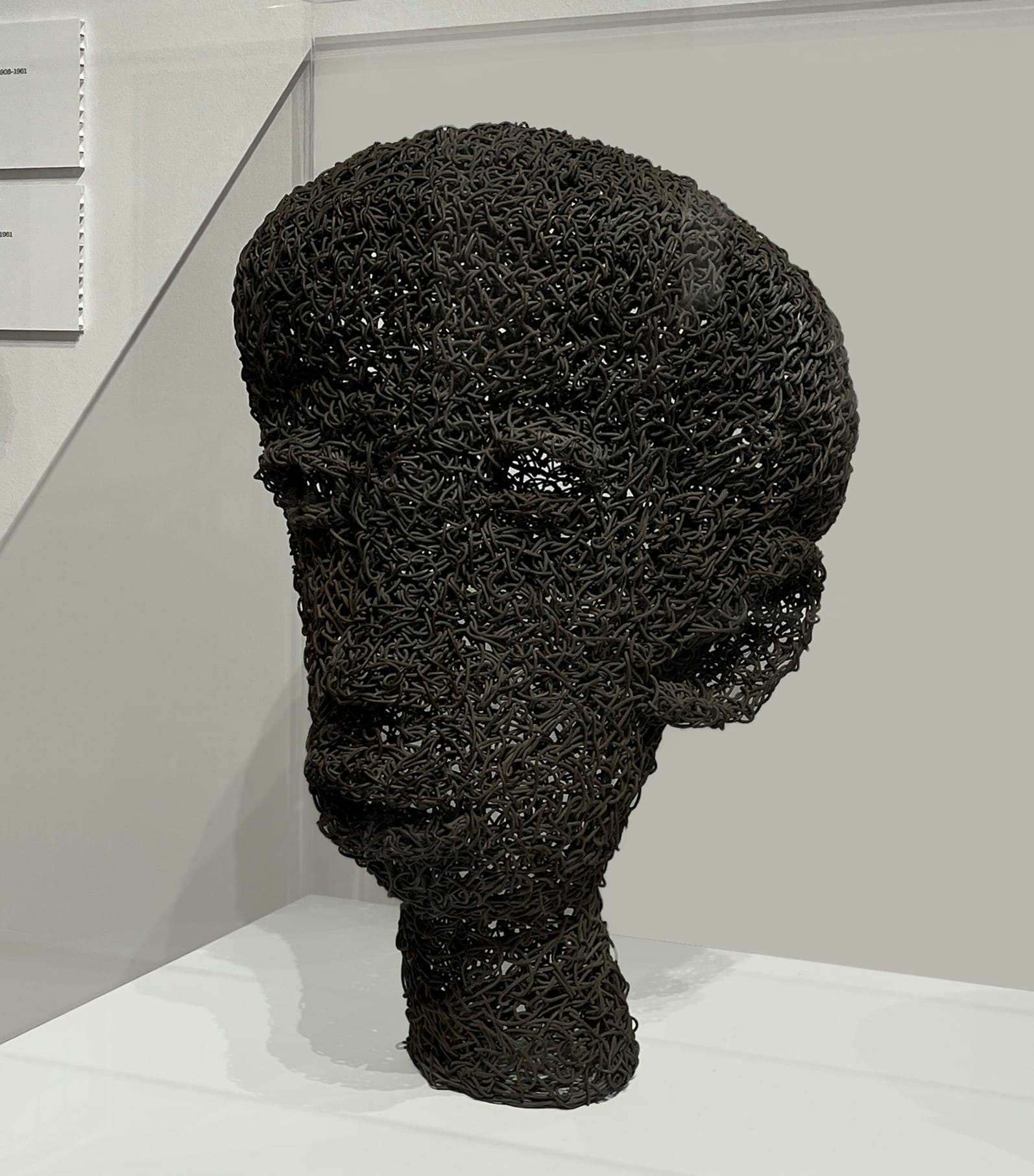 a sculptural bust made of black wire