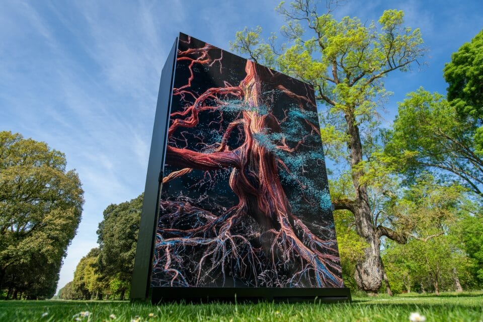 a large digital installation of a computer-animated oak tree, set in a botanical garden
