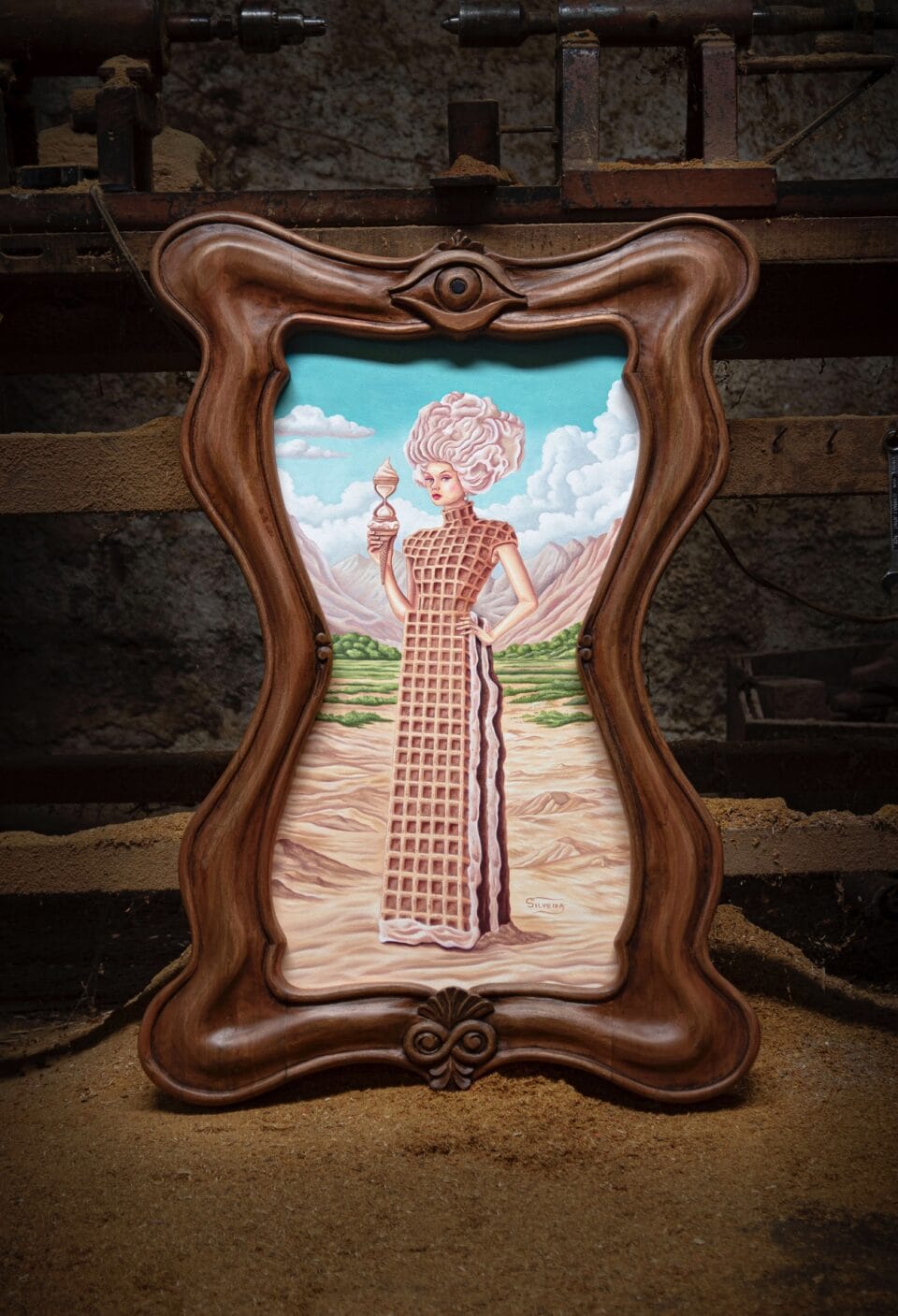a surreal portrait in an elaborate hand-carved wooden frame, of a woman wearing a waffle dress and holding an hourglass topped with whipped cream