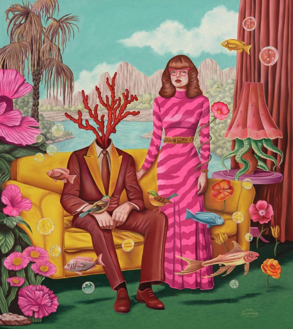 a surreal oil painting of a portrait of a couple seated in a wooded landscape on a yellow couch, and the woman wears a pink dress while the man, in a brown suit, has coral for a head