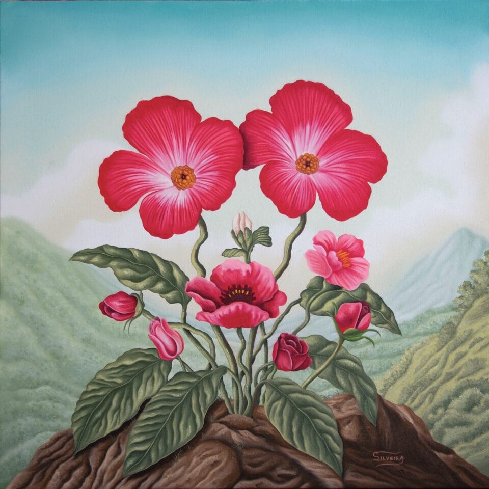 a surreal oil painting of a portrait made from flowers that resemble eyes and a mouth