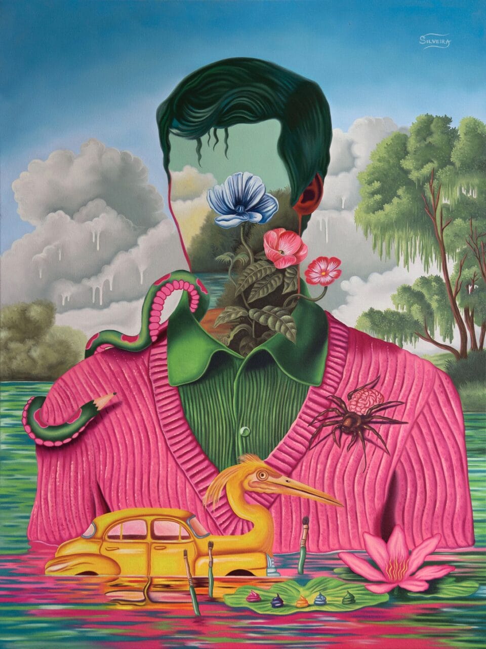 a surreal oil painting of a portrait of a short-haired figure with a landscape in place of a face and skin, with animals crawling all over their pink shirt