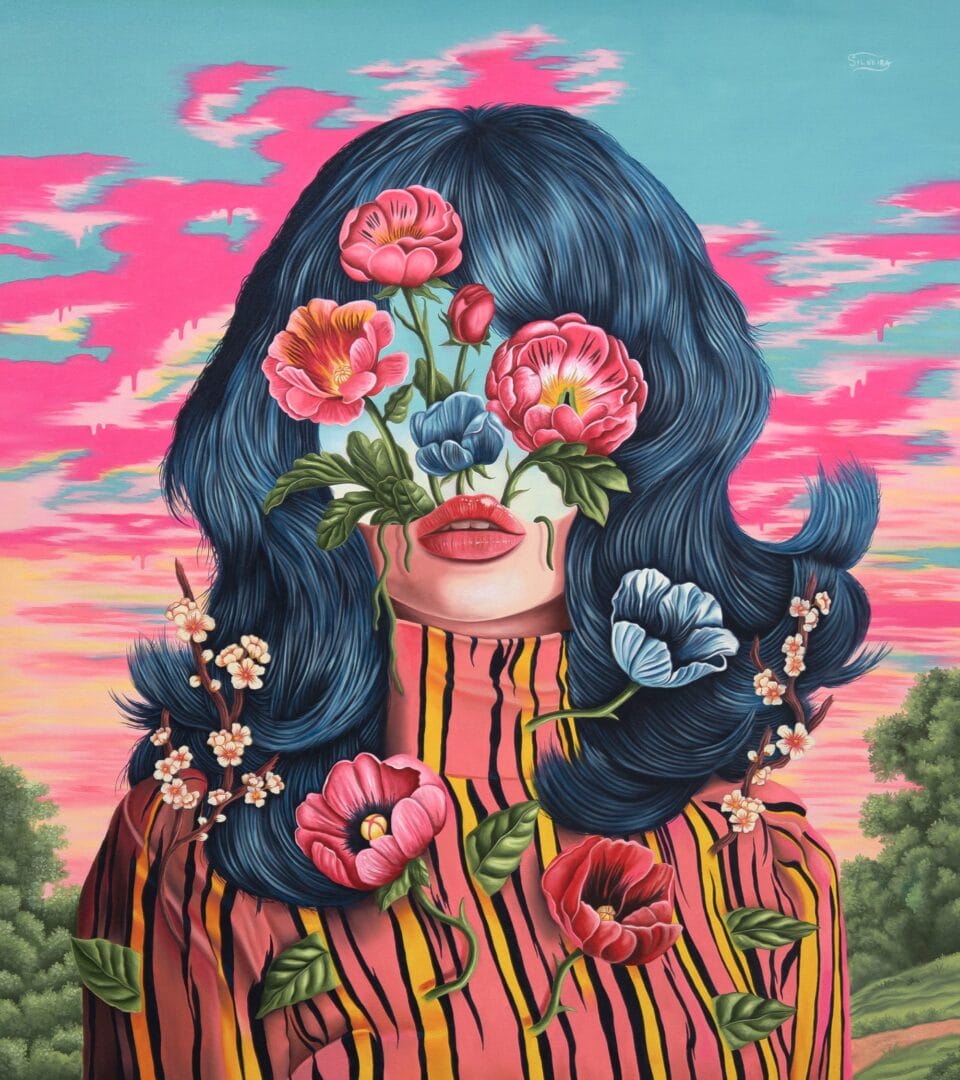 a surreal oil painting of a portrait of a woman with dark hair and flowers in front of her face
